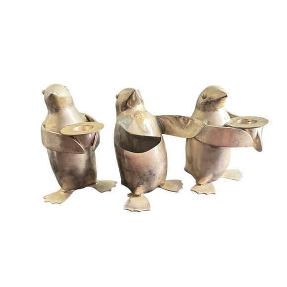 Set Of 3 Restoration Hardware Metal Silver Tone Penguin Candle Holder Figurines - Picture 1 of 6